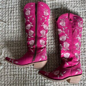 Liberty Black Cowboy Boots - Garden Fuchsia Floral Tall